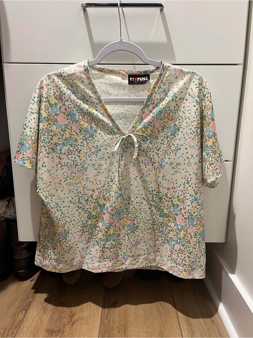 Vintage Rrruss Women’s Floral Tie Front Short Sleeve Top Cream Multicolor Size M